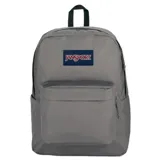Mochila Jansport modelo Superbreak Plus, color gris liso, con un compartimento principal amplio y un bolsillo frontal con cierre. Presenta asa superior de tela y tirantes acolchados.