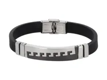 Pulsera de goma negra con apliques de acero plateado con diseño geométrico griego.