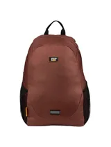 Mochila urbana Caterpillar modelo Tokyo, color marrón, con compartimento principal y bolsillo acolchado para portátil. Cuenta con correas ajustables de malla, dos bolsillos laterales de malla, asa de agarre y detalle reflectante frontal.