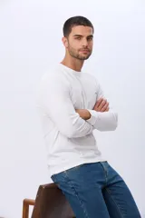 Remera manga larga lisa, color gris claro, con cuello redondo y logo bordado en el pecho.