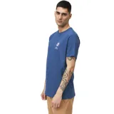 Remera azul con estampado pequeño en el pecho con un sol y la inscripción "RVCA Hawaii".
