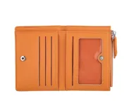 Monedero rectangular con cierre, confeccionado en tela tejida multicolor con base de simil cuero rosa.