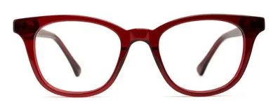 Armazón de receta ojo de gato color borgoña, con ángulos laterales alargados y montura fina. Diseñado con núcleo de metal plateado en las patillas y patillas antideslizantes.