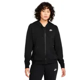Campera Nike de mujer, color negro, con cierre frontal completo, capucha con cordón ajustable, bolsillos laterales y logo bordado en blanco en el pecho.