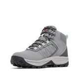 Bota de senderismo Columbia modelo Transverse Hike, color gris con detalles en coral. Diseño impermeable con parte superior de cuero y malla, entresuela amortiguada y suela de goma con tracción para diversos terrenos.