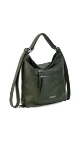 Cartera convertible a mochila de diseño versátil, confeccionada en material símil cuero color verde. Cuenta con múltiples bolsillos frontales con cierre, compartimento principal espacioso con división interna y correas ajustables.