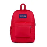 Mochila JanSport roja de poliéster con un compartimento principal, bolsillo frontal con cierre, bolsillo lateral para botella de agua y sobre interno acolchado para laptop de 15 pulgadas.