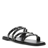 Sandalias planas de mujer marca Miss Carol, color negro, con diseño de tres tiras finas decoradas con tachas metálicas plateadas.