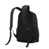 Mochila de lona jaspeada color gris y negro, con bolsillo lateral de red, correas acolchadas ajustables, interior con repartición para notebook y bolsillo frontal con cierre.