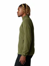 Campera polar Microchill Full Zip de Mountain Hardwear, color verde militar, con cuello alto, cierre frontal completo y bolsillos laterales con cierre. Cuenta con mangas raglán y pequeño logo de la marca bordado en el pecho.