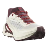 Championes de trail running Salomon Genesis 2, en color beige claro con detalles en bordó y rojo. Cuentan con capellada de Matryx®, sistema de ajuste rápido de cordones Quicklace, suela Contagrip® y tecnología Active Chassis para mayor estabilidad.