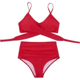 Bikini de dos piezas color fucsia. El top presenta un diseño cruzado en el frente con breteles finos ajustables, mientras que la bombacha es de tiro alto con detalle de frunces laterales.