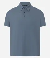 Camisa polo masculina de manga corta, confeccionada en tejido técnico de poliamida con elastano. Presenta cuello inglés con cierre de botones y diseño liso en color marrón, con tecnología de secado rápido y confort térmico.