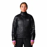 Campera puffer negra de Mountain Hardwear, con diseño acolchado, cierre frontal completo, cuello alto y bolsillo con cierre en el pecho. Cuenta con puños elásticos en color lila y ajuste en el dobladillo.