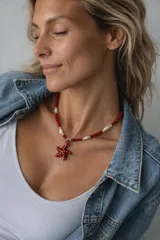 Collar de cristalitos facetados rojos, perlas de río y un dije colgante de cristal de murano en forma de estrella de mar roja con detalles blancos.