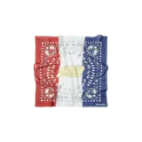 Pañuelo bandana de diseño tricolor (rojo, blanco y azul) con estampado estilo paisley y logotipo central de la marca en tono dorado.