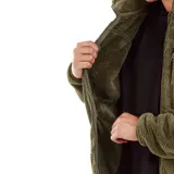 Campera de polar verde militar con cierre frontal, cuello alto y bolsillos laterales con cierre.