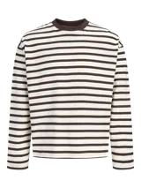 Remera de manga larga oversize con diseño a rayas horizontales en color marrón y crudo, cuello redondo en tono marrón contrastante y hombros caídos.