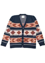 Cardigan tejido en lana y acrílico con diseño geométrico en frente y espalda y dos bolsillos delanteros.