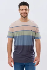 Remera de manga corta y cuello redondo, con diseño de bloques de color y franjas horizontales en tonos azul, celeste y gris, con pequeño logo bordado en el pecho.