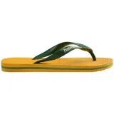 Chancletas Havaianas modelo Brasil Logo, de color blanco, con tiras que incluyen la bandera de Brasil y el nombre de la marca en relieve.