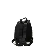 Mochila negra de tela con cierre de hebilla y bolsillo externo con cierre.