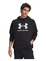 Buzo con capucha Under Armour, modelo Rival Fleece, color negro con logo de la marca estampado en blanco en el frente. Cuenta con bolsillo tipo canguro delantero, puños y bajo acanalados.