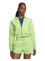 Campera deportiva con capucha, cierre frontal bidireccional y bolsillos laterales. Presenta un diseño de corte holgado con hombros caídos, puños y bajo acanalados, y el logo de la marca bordado en el pecho.