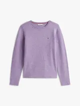 Sweater de punto Tommy Hilfiger de corte regular, con cuello redondo y mangas largas. Presenta un diseño liso en color lila con el logo de la marca bordado en el pecho.
