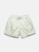 Short de baño celeste con estampado de mini plátanos de colores.