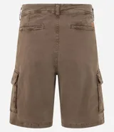 Bermuda cargo para hombre en sarga gris oscuro, con bolsillos laterales con solapa y cierre de botón y cremallera.