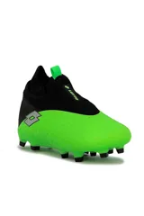 Championes de fútbol 11 Lotto Coliseo, color verde y negro, sin cordones, con cuello tipo media y tapones moldeados para césped natural.