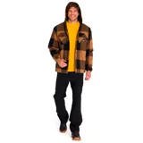 Chaqueta tipo camisa de franela con capucha, diseño a cuadros en tonos marrón y negro. Cuenta con cierre frontal a presión, bolsillos en el pecho con solapa y bolsillos laterales inferiores.