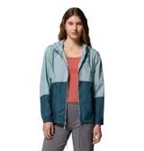 Campera cortavientos Columbia Flash Forward II para mujer, en diseño bicolor con tonos celestes y azul oscuro. Cuenta con capucha ajustable, cierre frontal, bolsillos con cremallera y puños elásticos.