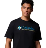Remera de manga corta color negro con cuello redondo. Presenta el logo de Columbia Sportswear Company estampado en el pecho en tonos azul claro y amarillo.