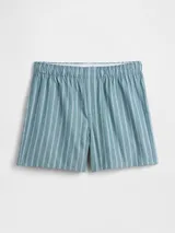 Boxer de corte clásico con cintura elástica, confeccionado en tela de algodón con estampado de rayas verticales en tonos verde y azul.