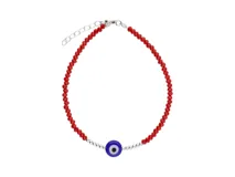 Pulsera de plata 925 con cuentas de cristal rojo y dije central de ojo turco azul.