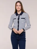 Cardigan de punto acanalado con diseño marinero de rayas horizontales, cuello polo, cierre frontal de botones y bolsillos en el pecho.