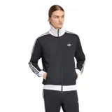 Campera deportiva Adidas modelo Beckenbauer, de color negro con detalles en blanco. Presenta cuello alto, cierre frontal completo, bolsillos laterales con cierre y las icónicas tres tiras de la marca en las mangas. El diseño incluye puños y cintura en tejido acanalado blanco y el logo del trébol bordado en el pecho.