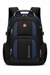 Mochila urbana Swissgear de diseño técnico, combinando paneles en color negro y azul. Cuenta con múltiples compartimentos con cierre, bolsillos laterales de malla, correas de hombro acolchadas y asa superior reforzada.