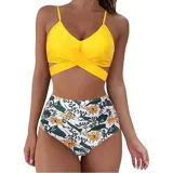 Conjunto de bikini de dos piezas de la marca Uniteduy, compuesto por un crop top amarillo liso con diseño cruzado y tirantes finos, y una bombacha de tiro alto con estampado floral y de hojas en tonos amarillos, verdes y blancos.