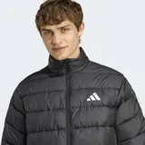 Campera puffer Adidas de corte clásico, color negro con cierre frontal completo y cuello alto. Presenta el logo de la marca en el pecho y las icónicas tres tiras blancas en las mangas. Cuenta con tecnología Climawarm para aislamiento térmico y puños elásticos.