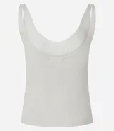 Blusa sin mangas de punto acanalado color crema, con escote en V y espalda descubierta. Confeccionada en una mezcla de viscosa y poliamida, presenta un ajuste al cuerpo y textura vertical en relieve.