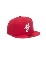 Gorra estilo 59FIFTY de visera plana, color rojo, con bordado frontal en hilo blanco que simula una firma o monograma estilizado.