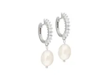 Aros colgantes de plata 925 con diseño de argolla con circonias y perla colgante.