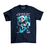Remera de algodón color azul marino con estampado gráfico frontal inspirado en la película Blade Runner, con estética retro tipo VHS y tipografía japonesa.