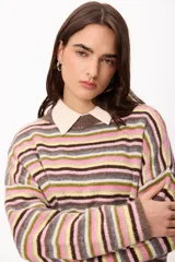 Sweater de punto con diseño de rayas horizontales multicolores en tonos marrón, verde, rosa y amarillo. Presenta cuello redondo, mangas largas y corte holgado.