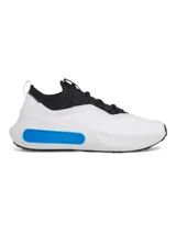 Championes de running Under Armour modelo Phantom 4, con diseño híbrido de alto rendimiento y estilo urbano. Presentan una estructura de punto con cuello tipo calcetín para un ajuste cómodo, contrafuerte de TPU en el talón y amortiguación UA HOVR+ para mayor retorno de energía. Combinan colores blanco, negro y detalles en azul vibrante en la entresuela.