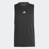 Musculosa deportiva Adidas color negro, con cuello redondo y logo de las tres barras en blanco en el pecho. Presenta un tejido texturizado y aberturas amplias en las sisas.