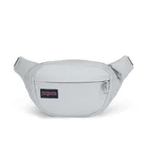 Riñonera Jansport modelo Fifth Avenue, color gris claro, con cierre principal y bolsillo frontal con cremallera. Presenta el parche rectangular con el logo de Jansport en la parte delantera.